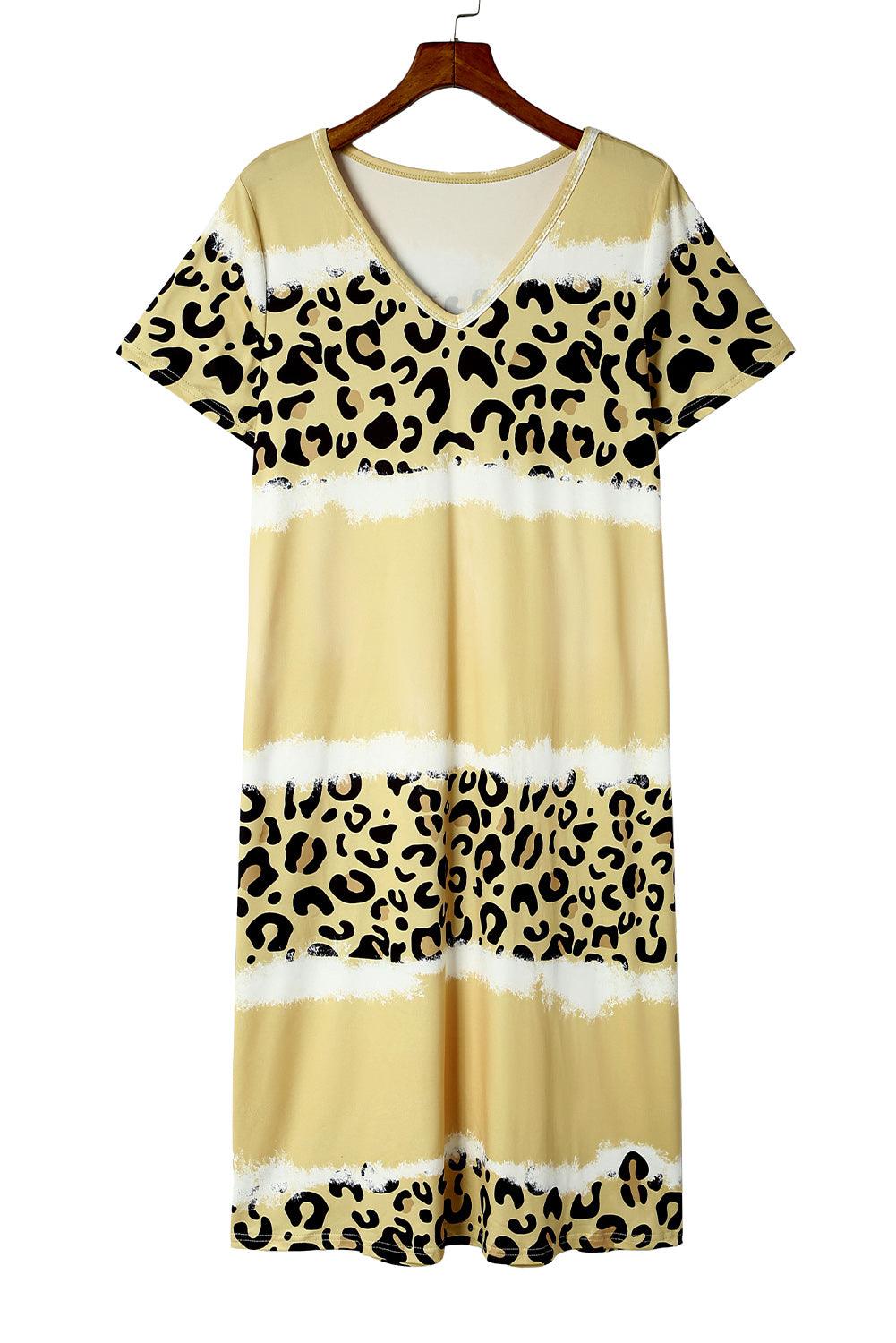 Rose Leopard Color Block V-Neck T-shirt Dress - L & M Kee, LLC