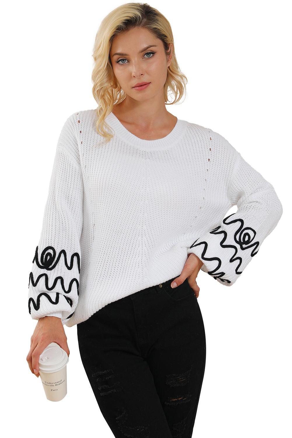 White Abstract Crochet Bubble Sleeve Loose Sweater - L & M Kee, LLC