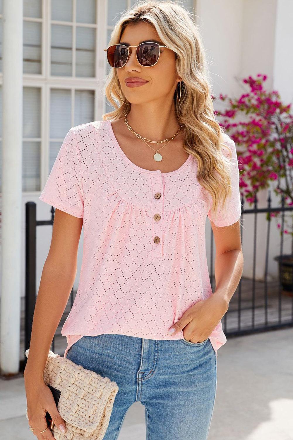 Light Pink Eyelet Short Sleeve Buttoned Round Neck Top - L & M Kee, LLC