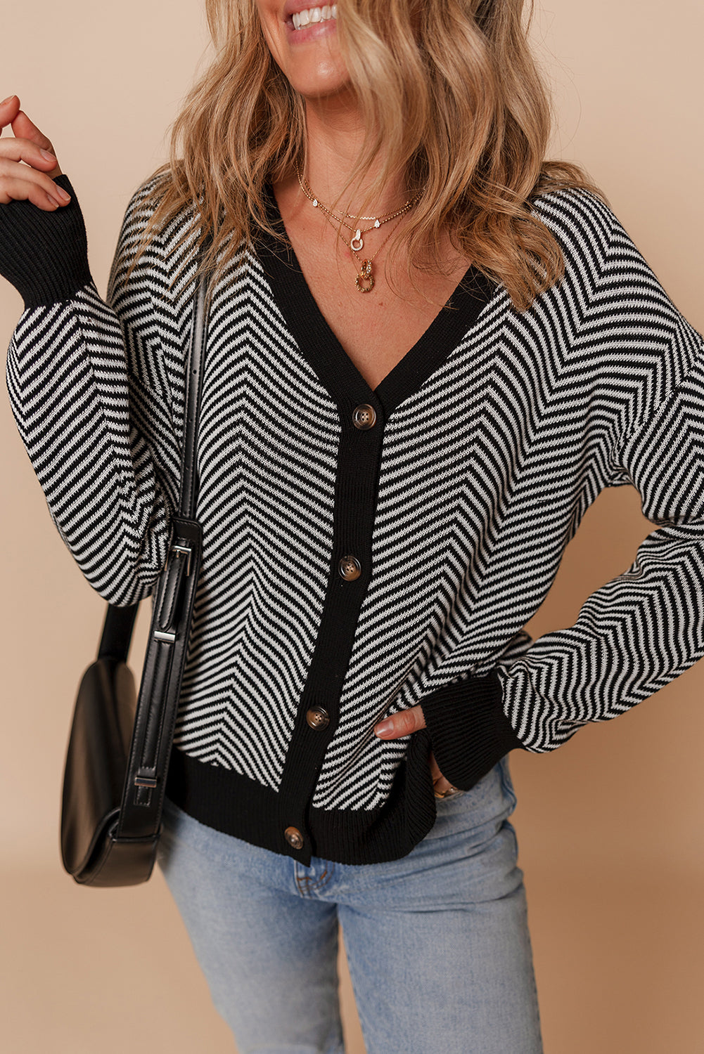 Brown Stripe Buttoned Front V Neck Herringbone Cardigan