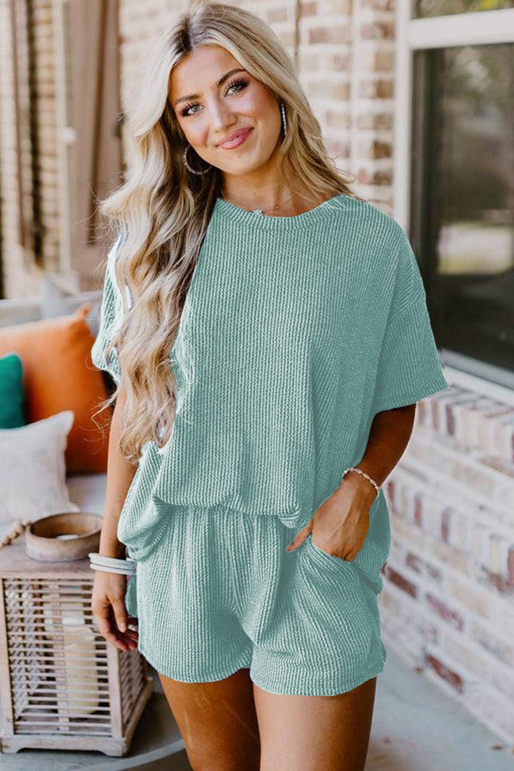 Iceland Blue Ribbed Textured Knit Loose Fit Tee and Shorts Set - L & M Kee, LLC