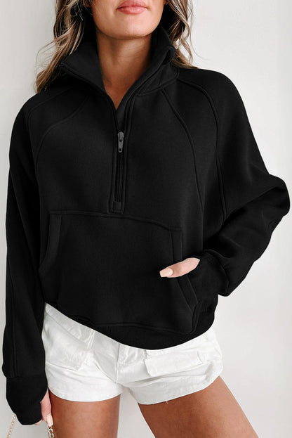 Black Zip Up Stand Collar Ribbed Thumbhole Sleeve Sweatshirt - L & M Kee, LLC