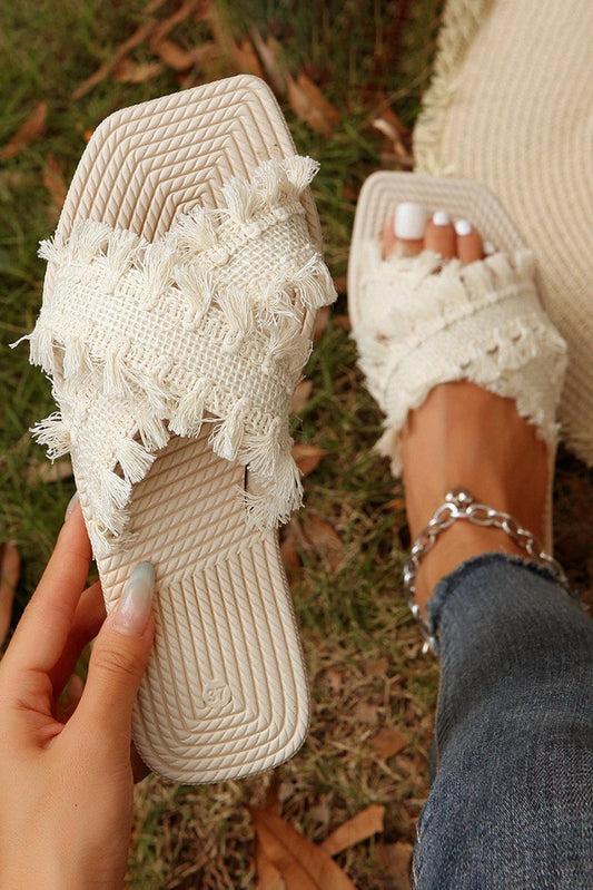 Beige Tassel Woven Crossed Straps Flat Slippers - L & M Kee, LLC