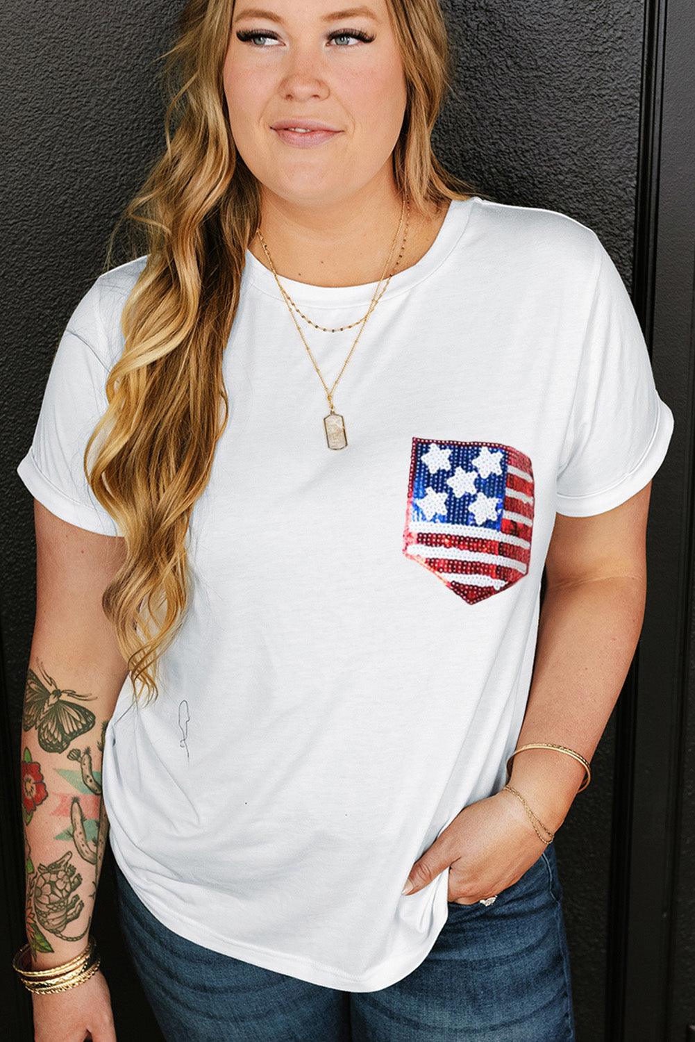 White Sequin American Flag Patched Plus Size T Shirt - L & M Kee, LLC