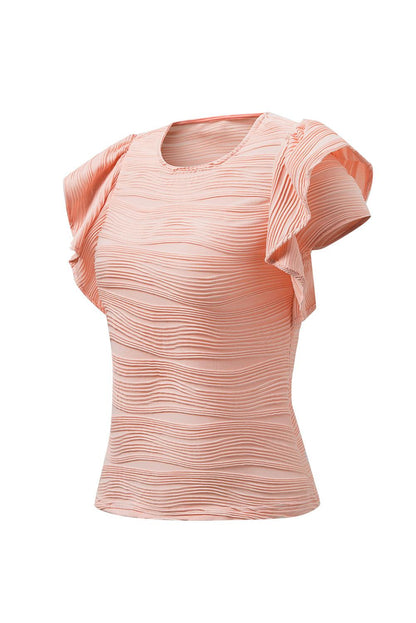 Apricot Pink Wavy Textured Ruffle Sleeve Top - L & M Kee, LLC