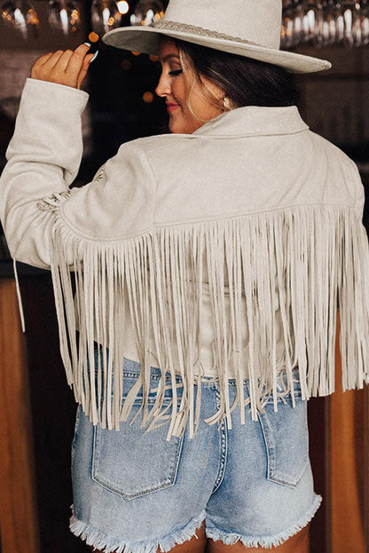 White Fringe Plus Size Cropped Jacket - L & M Kee, LLC