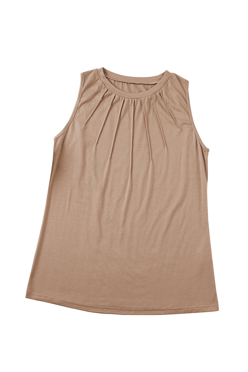 Light French Beige Pleated Detail Round Neck Tank Top - L & M Kee, LLC