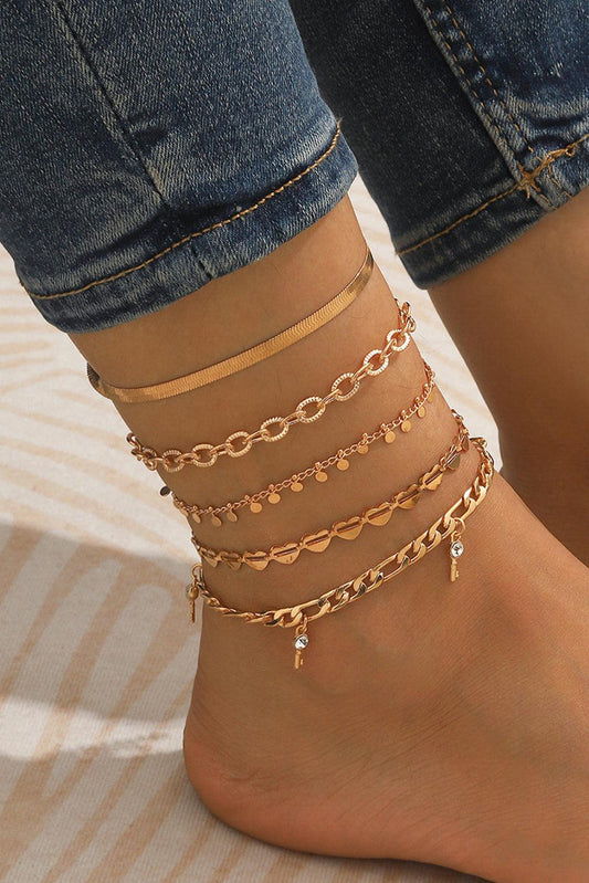 Gold Sweet Heart Rhinestone Dangle 5-piece Anklets - L & M Kee, LLC