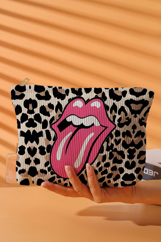 Coffee Lip Leopard Print Zipper Corduroy Cosmetic Bag