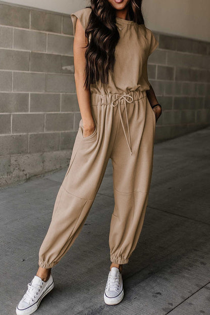 Medium Grey Cap Sleeve Open Back Drawstring Jogger Jumpsuit - L & M Kee, LLC