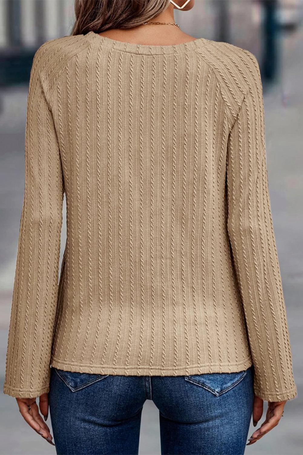 Khaki Ribbed Round Neck Knit Long Sleeve Top - L & M Kee, LLC