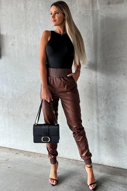 Brown Smocked High-Waist Leather Skinny Pants - L & M Kee, LLC