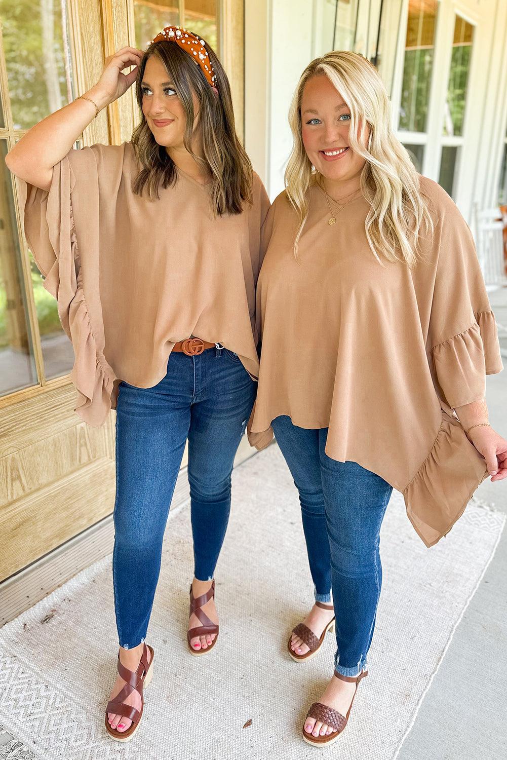 Smoke Gray Plus Size Ruffled Batwing Sleeve V Neck Blouse - L & M Kee, LLC