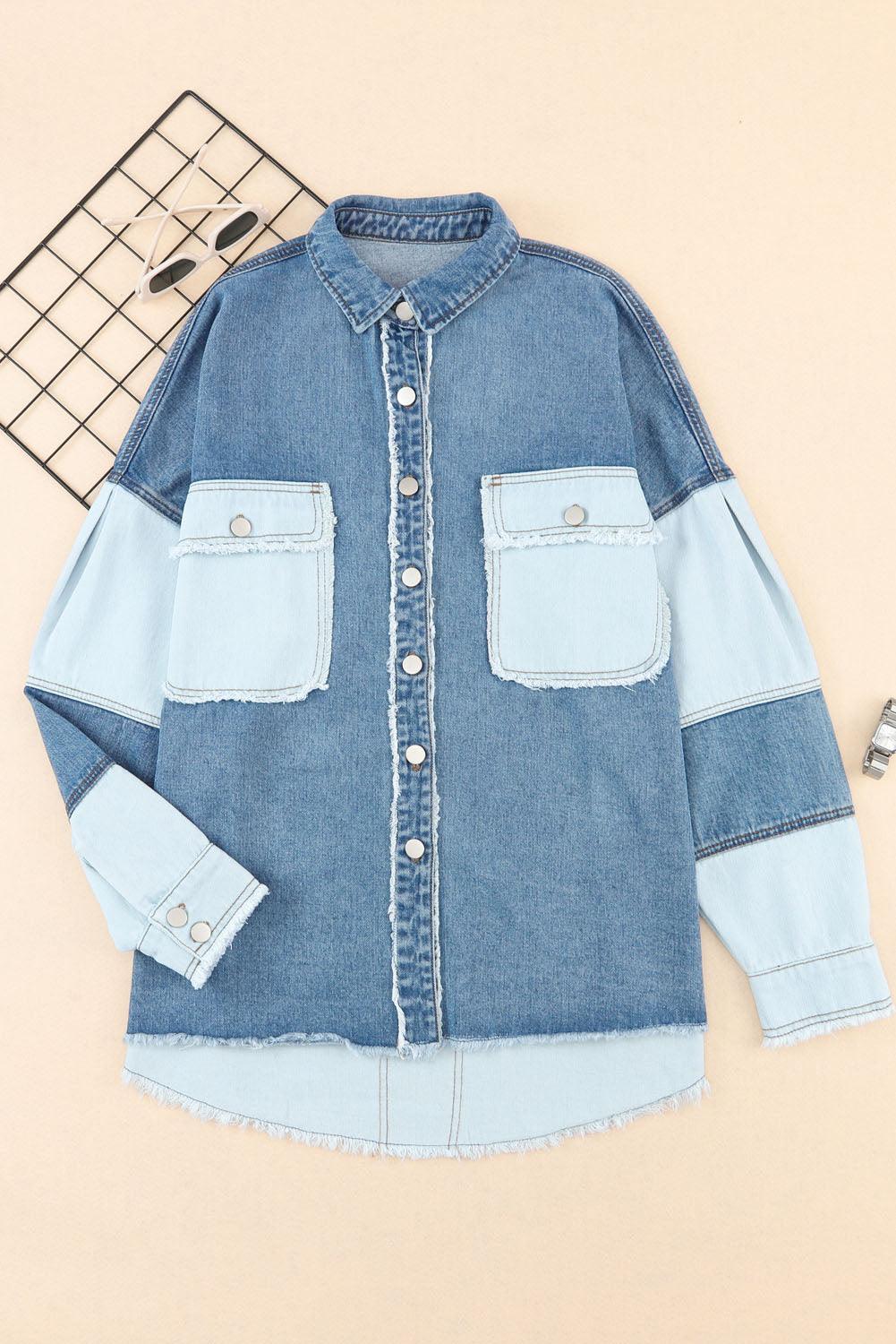 Blue Color Block Frayed Patchwork Oversize Denim Jacket - L & M Kee, LLC