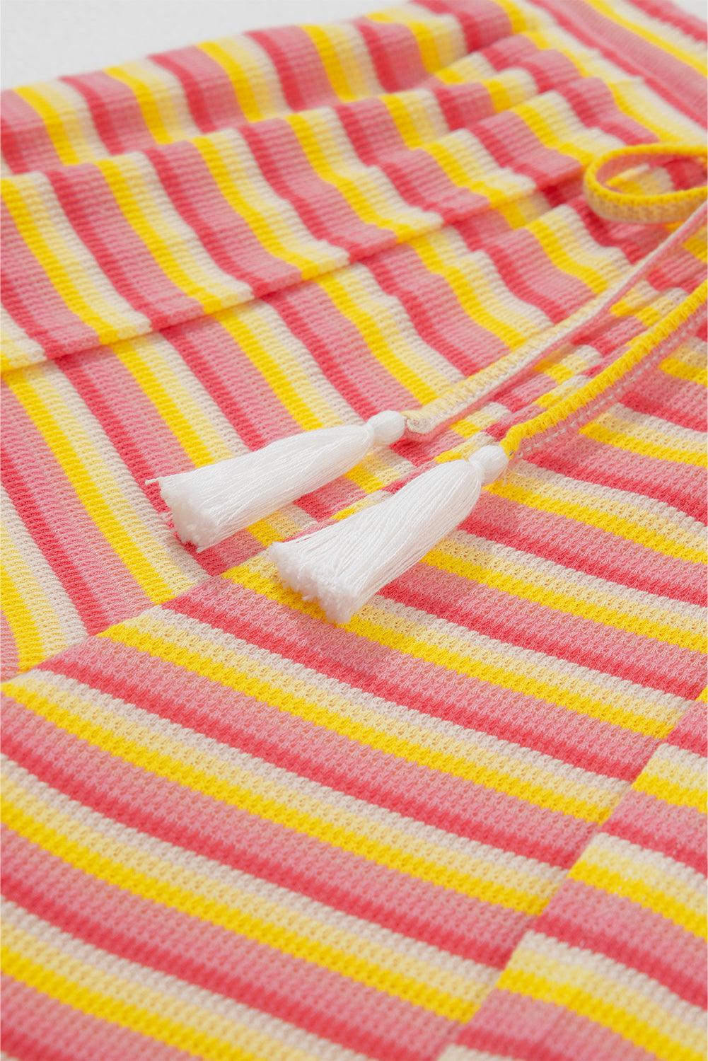 Yellow Stripe Rainbow Tee Tasseled String Wide Leg Pants Set - L & M Kee, LLC