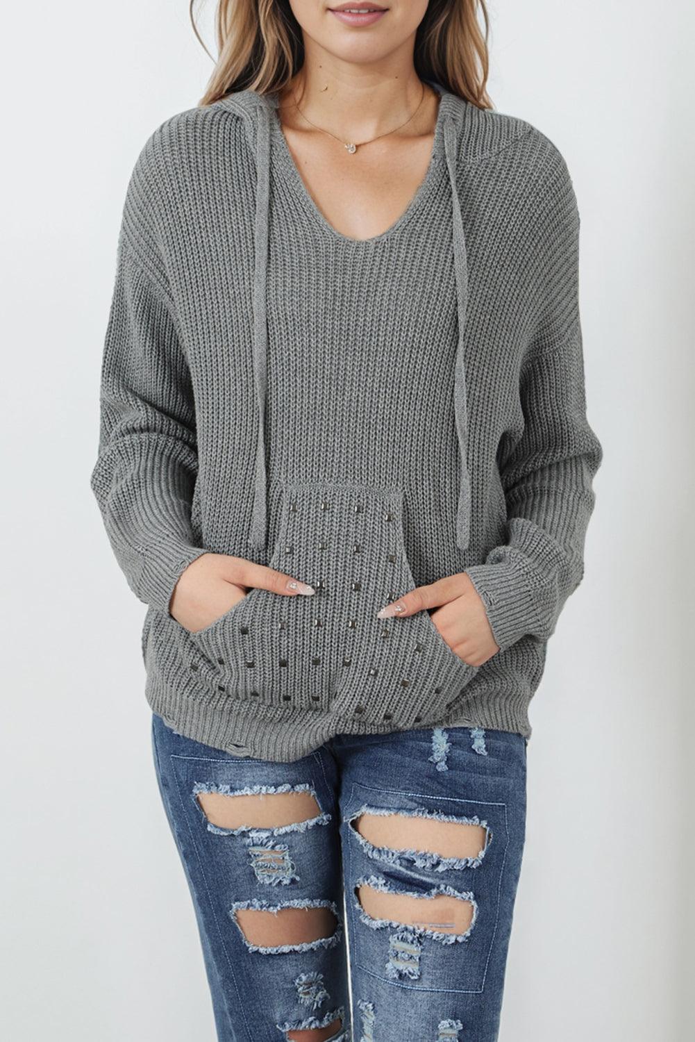 Gray Rivet Kangaroo Pocket Hooded Sweater - L & M Kee, LLC