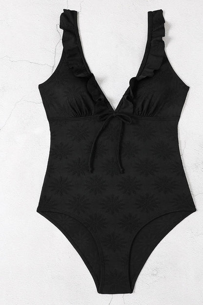 Black Ruffle Plunge Neck One Piece Swimwear - L & M Kee, LLC