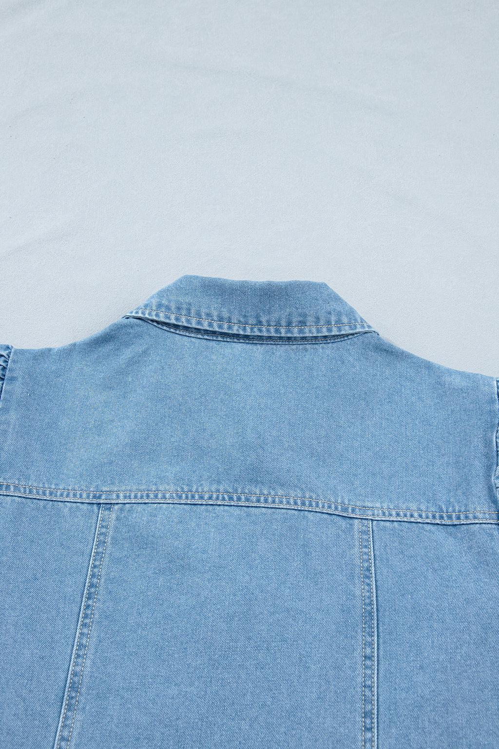 Beau Blue Button Down Short Puff Sleeve Ruffle Hem Patchwork Denim Dress