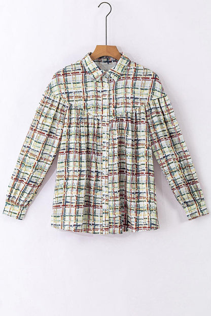 Multicolor Plaid Pattern Puff Sleeve Button up Shirt - L & M Kee, LLC