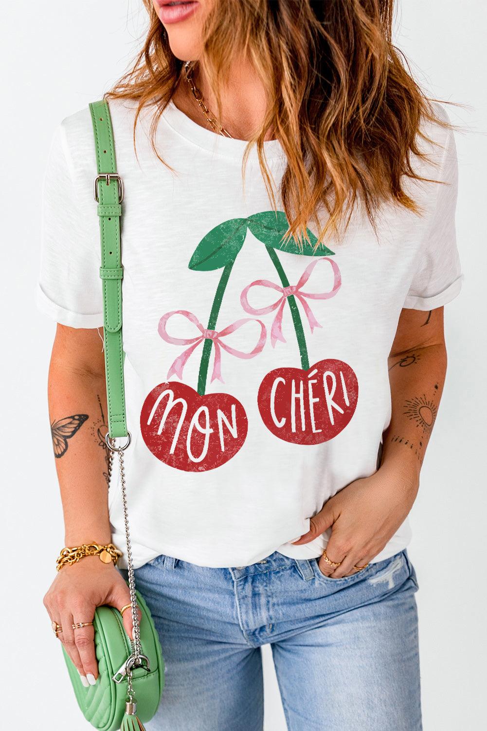 White MON CHERI Cherry Graphic Crewneck T shirt - L & M Kee, LLC