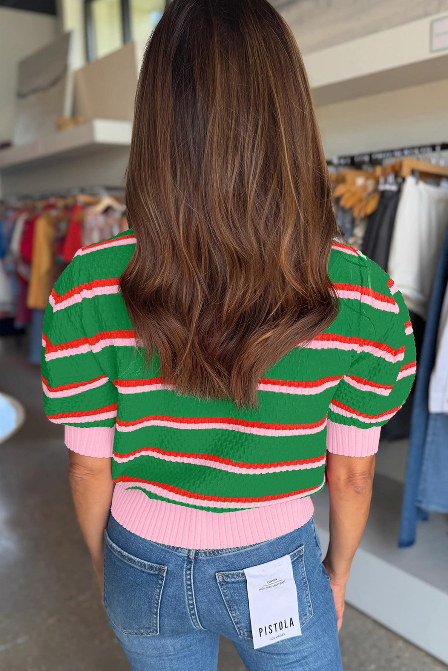 Red Stripe Colorblock Trim Half Sleeve Sweater Top