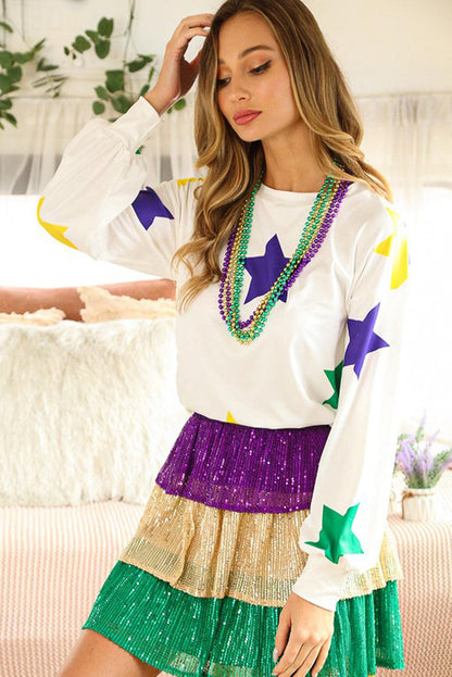 White Mardi Gras Star Printed Long Sleeve Top - L & M Kee, LLC