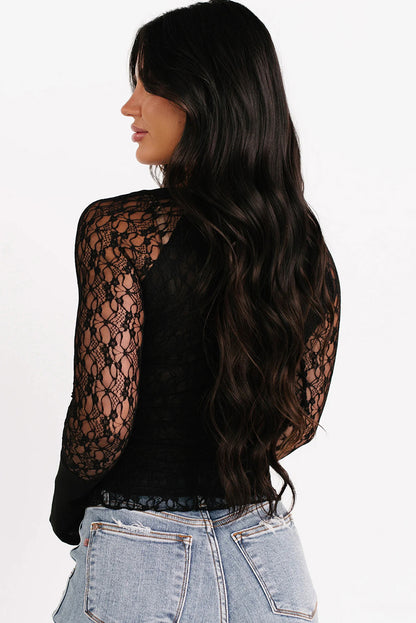 Black Sheer Lace Long Sleeve Slim Henley Top