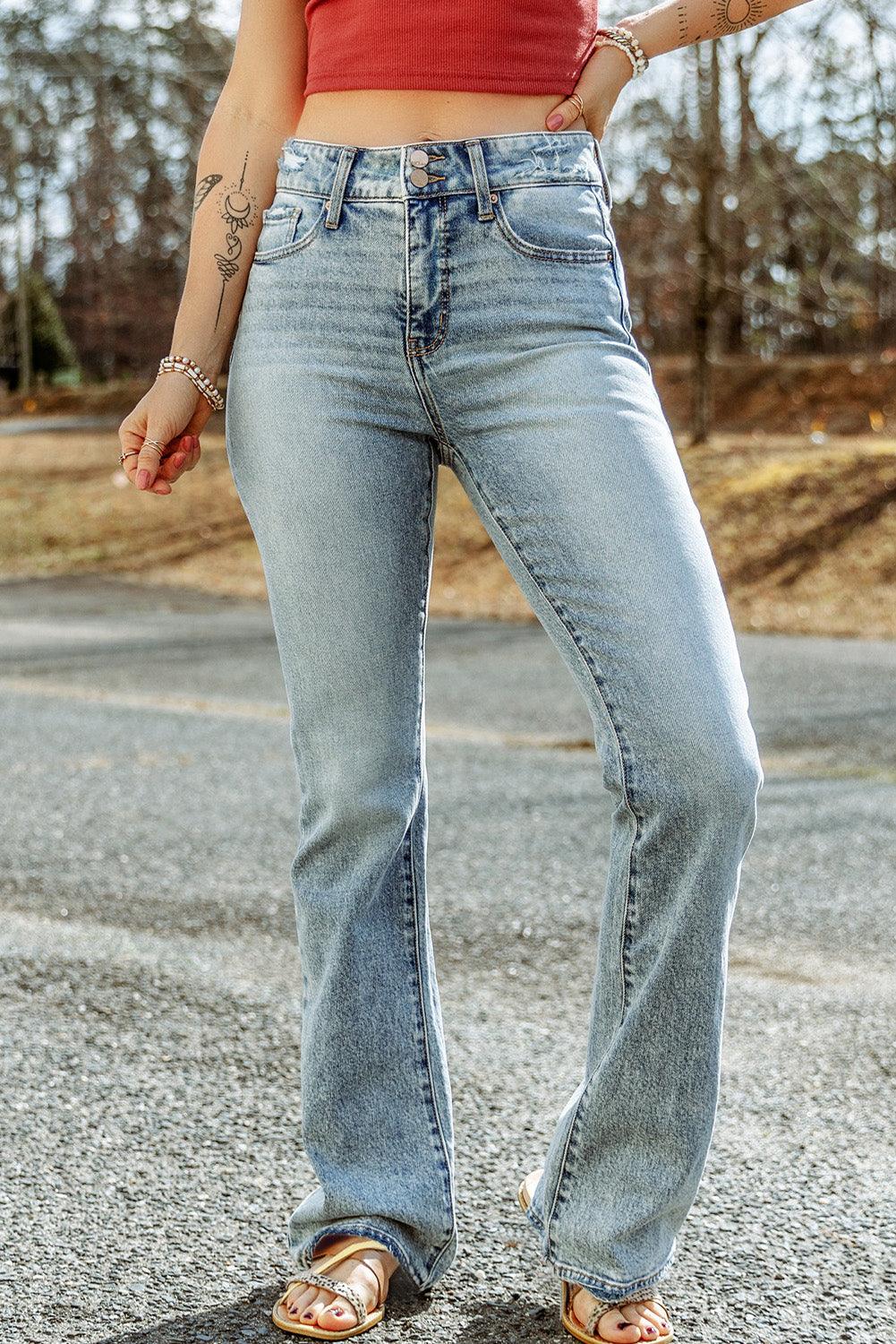 Sky Blue Subtle Ripped Detail Flare Bottom Jeans - L & M Kee, LLC