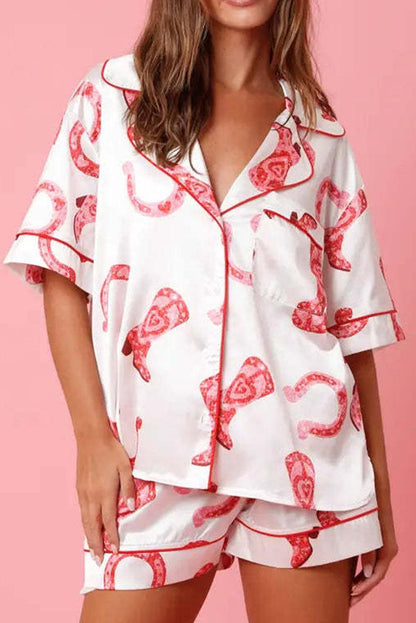 White Full Pattern Shirt and Shorts Satin Pajama Set - L & M Kee, LLC