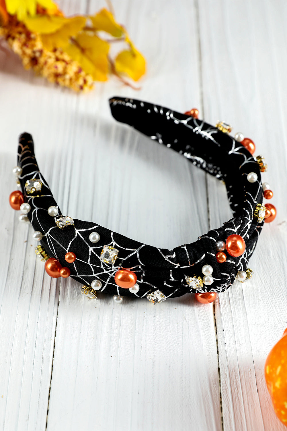 Black Pearled Rhinestone Knotted Spiderweb Halloween Headband