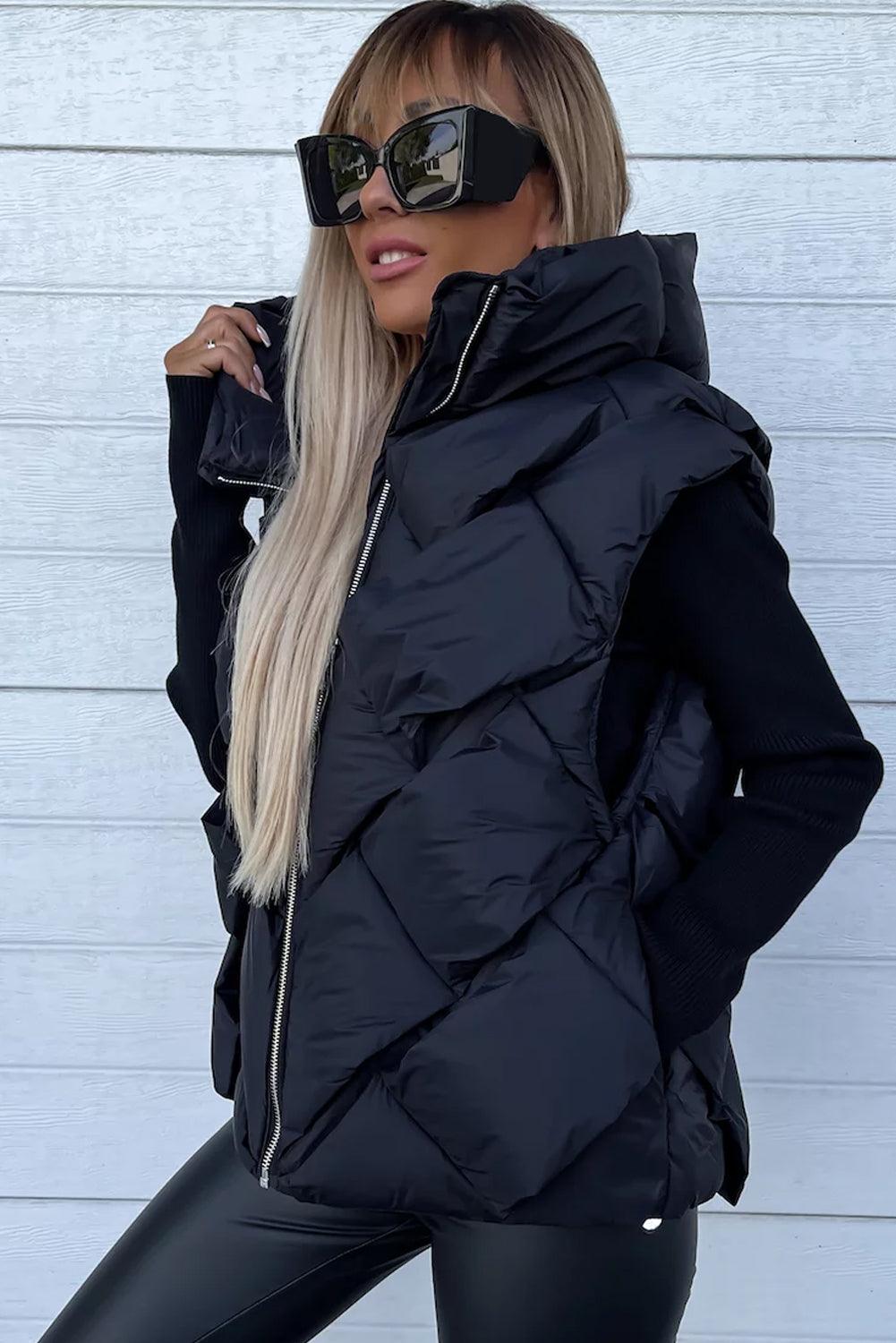 Black Quilted Zipper Front Hooded Vest Coat - L & M Kee, LLC