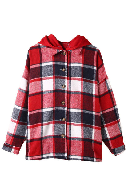 Red Hooded Plaid Button Front Shacket - L & M Kee, LLC