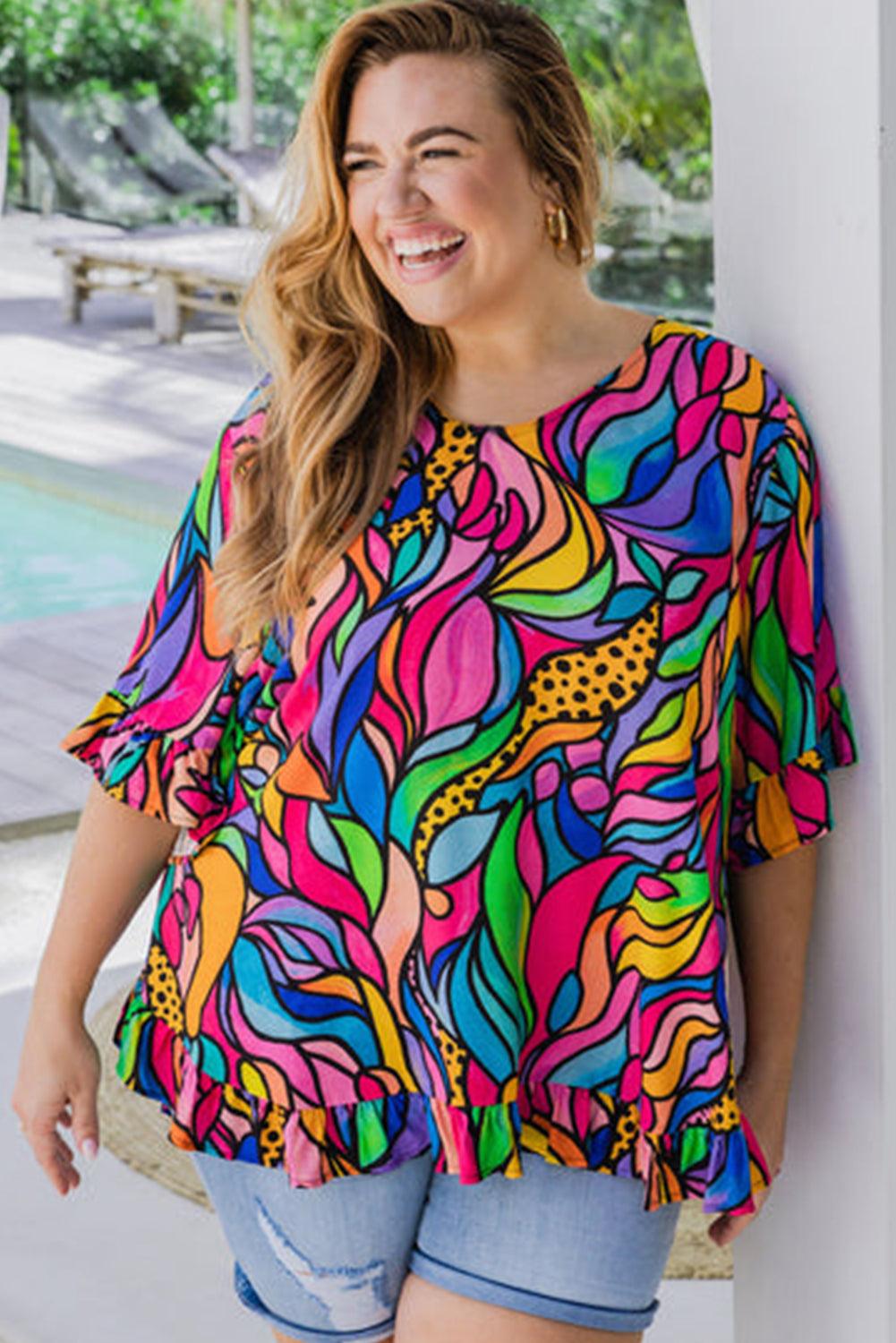 Rose Abstract Print Plus Size Frilly Trim Blouse - L & M Kee, LLC