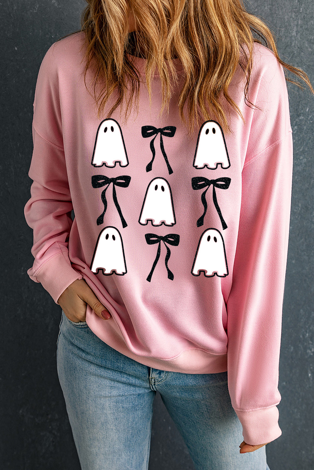 Pink Ghost Bowknot Printed Drop Shoulder Halloween Sweatshirt