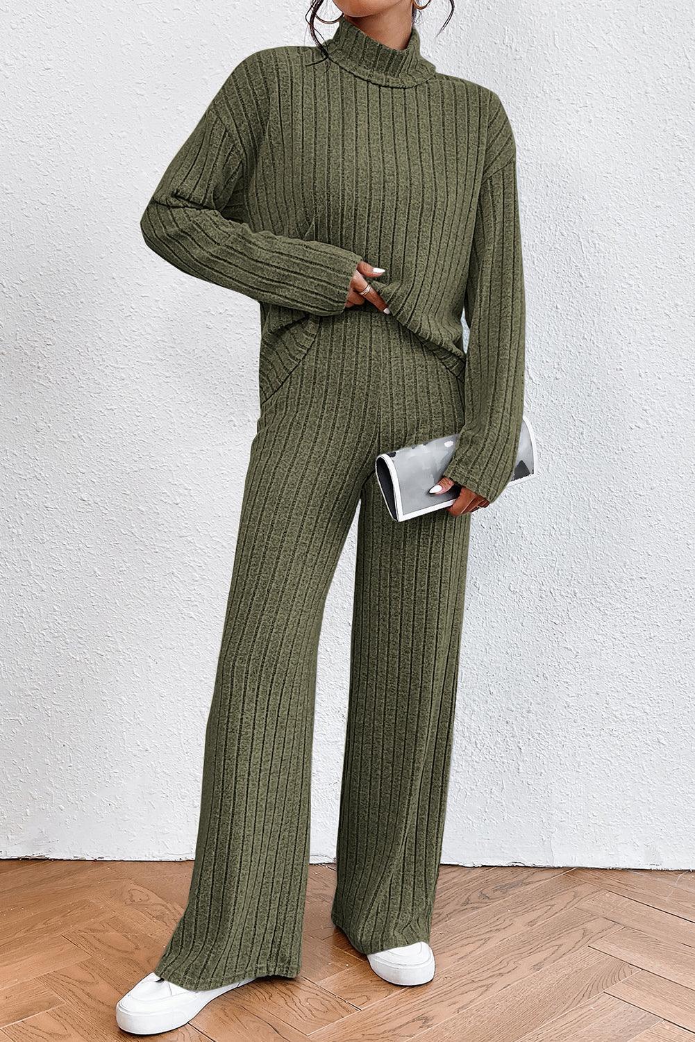 Khaki Ribbed Knit Bell Sleeve Crop Top Drawstring Pants Set - L & M Kee, LLC