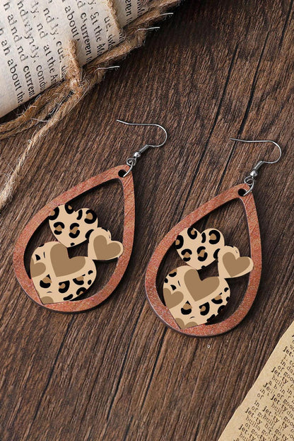 Coffee Leopard Heart Shape Hollowed Drop Earrings - L & M Kee, LLC