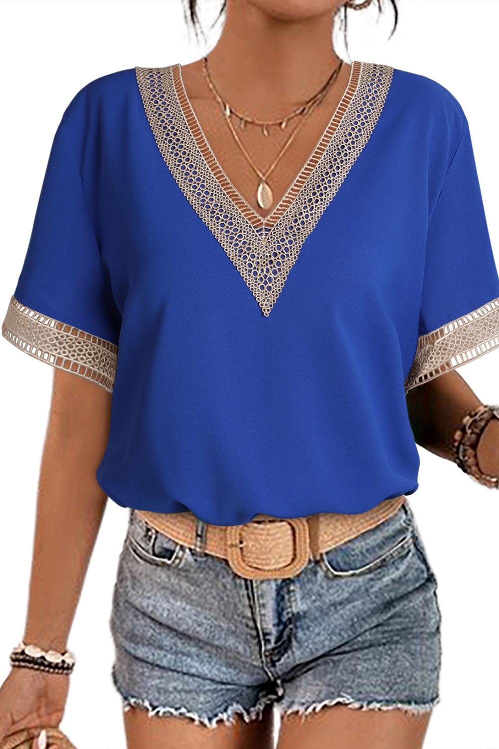 Lace Trim V Neck Short Sleeve Blouse - L & M Kee, LLC