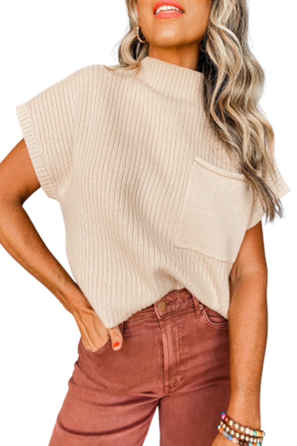 Oatmeal Patch Pocket Ribbed Knit Short Sleeve Sweater - L & M Kee, LLC