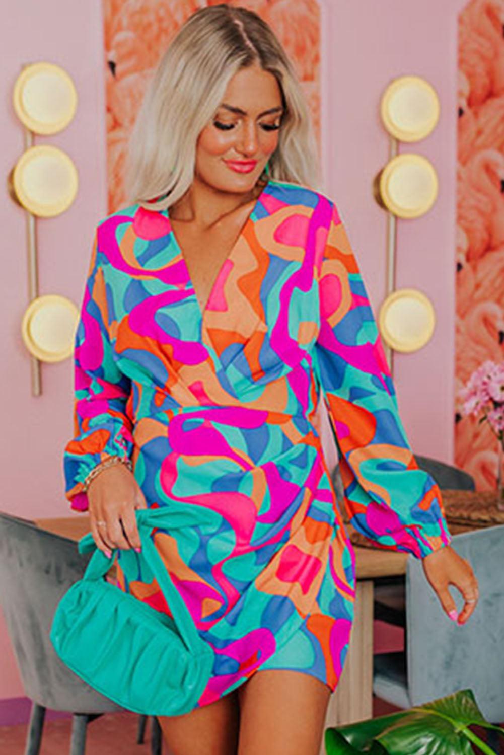 Multicolor Abstract Print Wrap V Neck Puff Sleeve Dress - L & M Kee, LLC