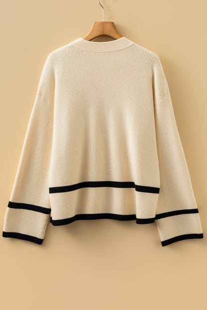 Beige Ribbed Knit Contrasted Stripe Detail Button Side Loose Sweater