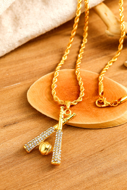 Gold Rhinestone Baseball Pendant Plated Alloy Chain Necklace