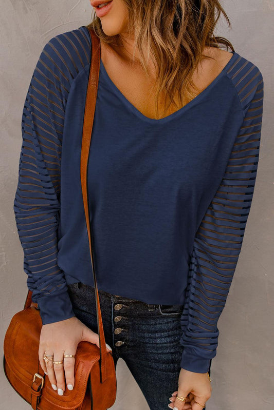 Blue Sheer Stripe V-Neck Top - L & M Kee, LLC