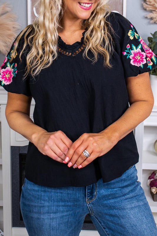 Floral Embroidered Bubble Sleeve Frill V Neck Top - L & M Kee, LLC