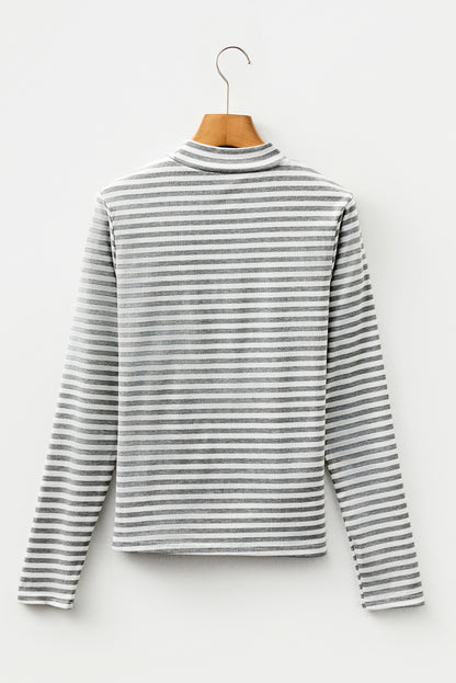 Gray Stripe Ribbed High Neck Slim Fit Long Sleeve Top