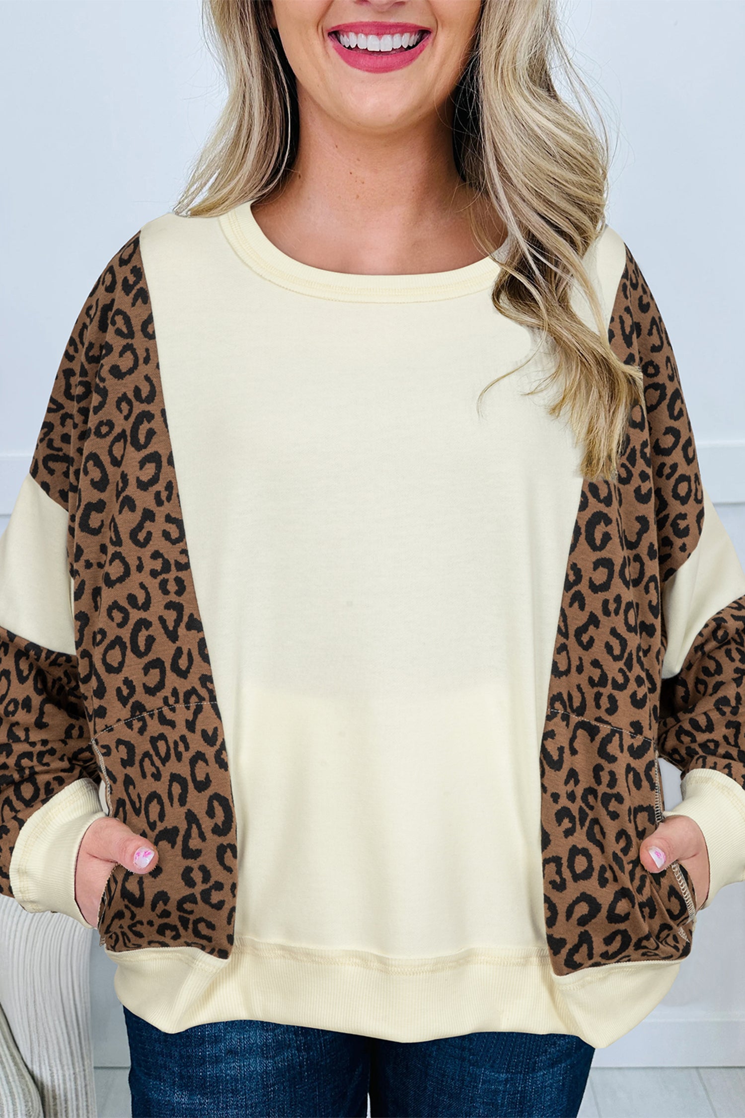 Beige Raw Seam Color Block Leopard Patchwork Baggy Long Sleeve Top