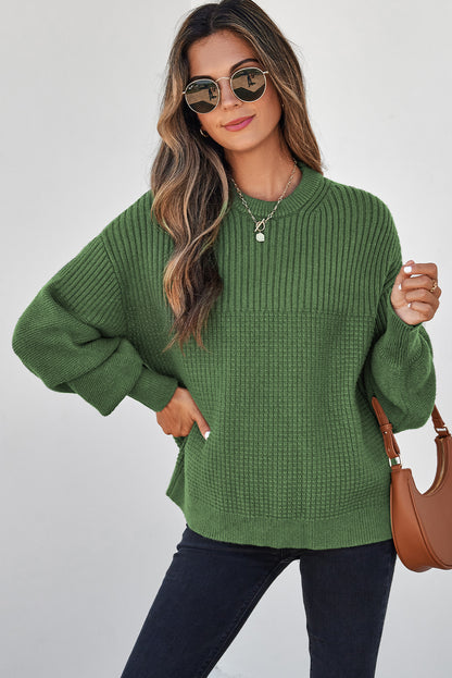 Vineyard Green Solid Color Mixed Textured Knitted Crew Neck Sweater