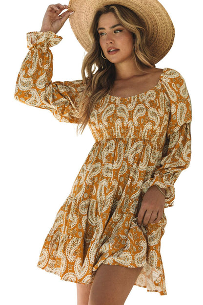 Boho Paisley Long Sleeve Floral Dress - L & M Kee, LLC