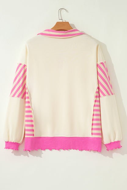 Pink Stripe Contrast Polo Collar Drop Shoulder Patchwork Plus Size Pullover