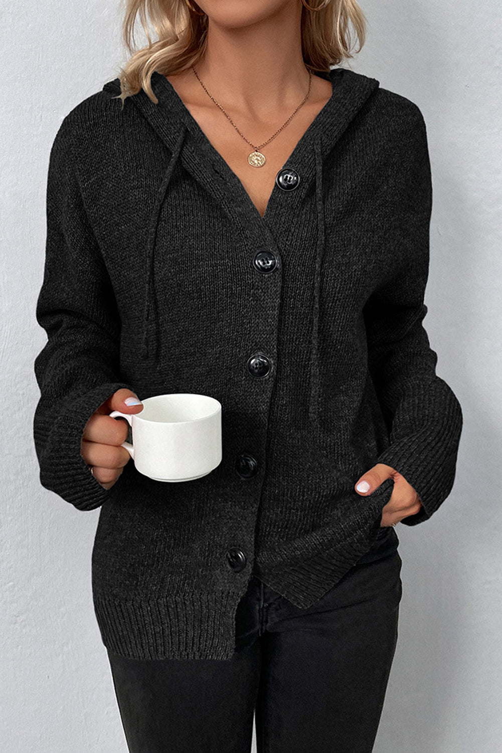 Black Drawstring Hooded Button Up Drop Shoulder Sweater Cardigan