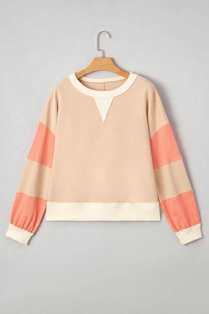 Light French Beige Color Block Textured Patchwork Pullover Sweatshirt